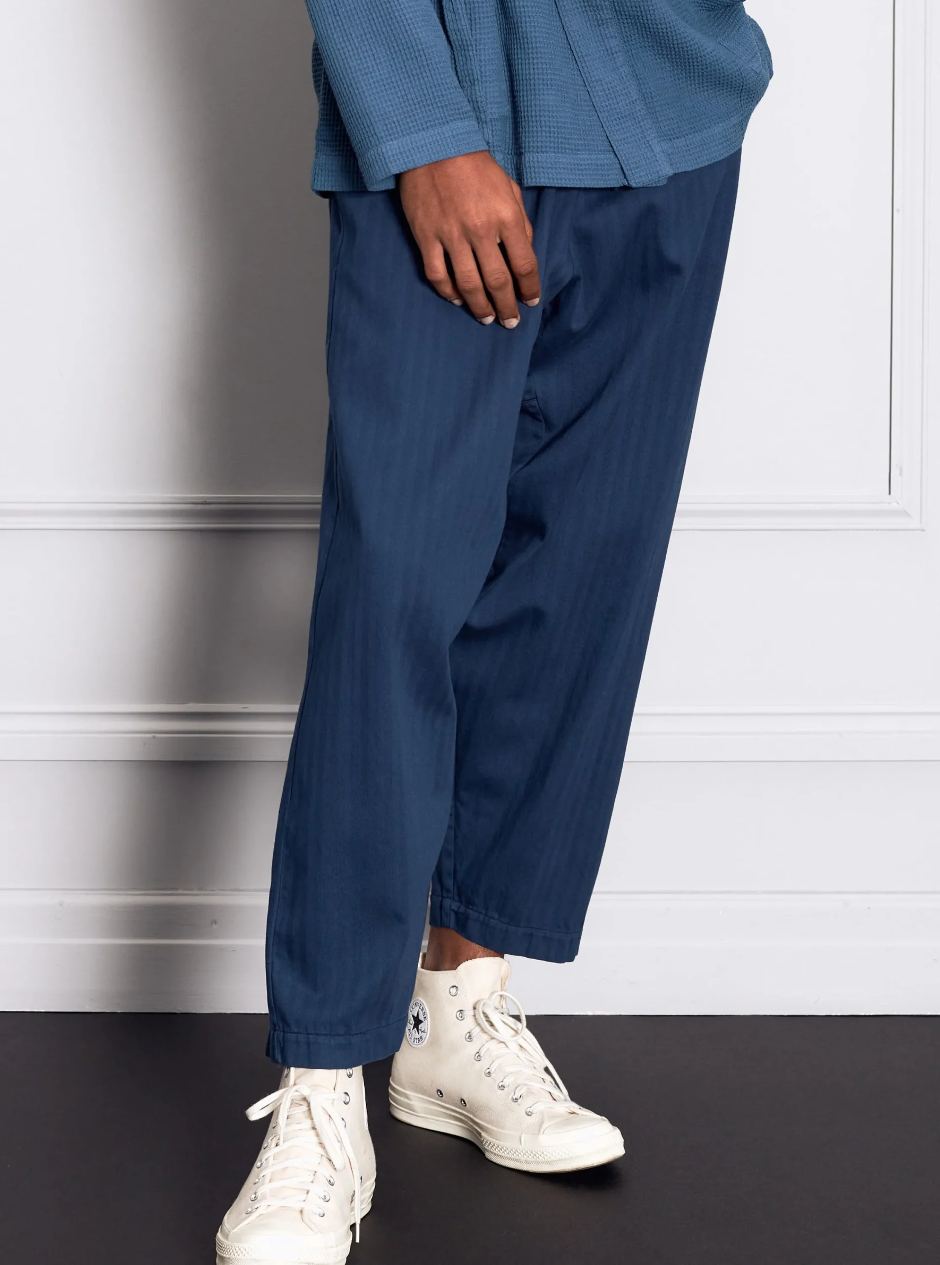 Cheap Braga Pant In Washed Navy Italian Herringbone Cotton Men Trousers.