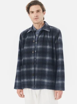 Fashion Easy Overshirt In Navy Check Recycled Wool Mix Flannel Men Overshirts.