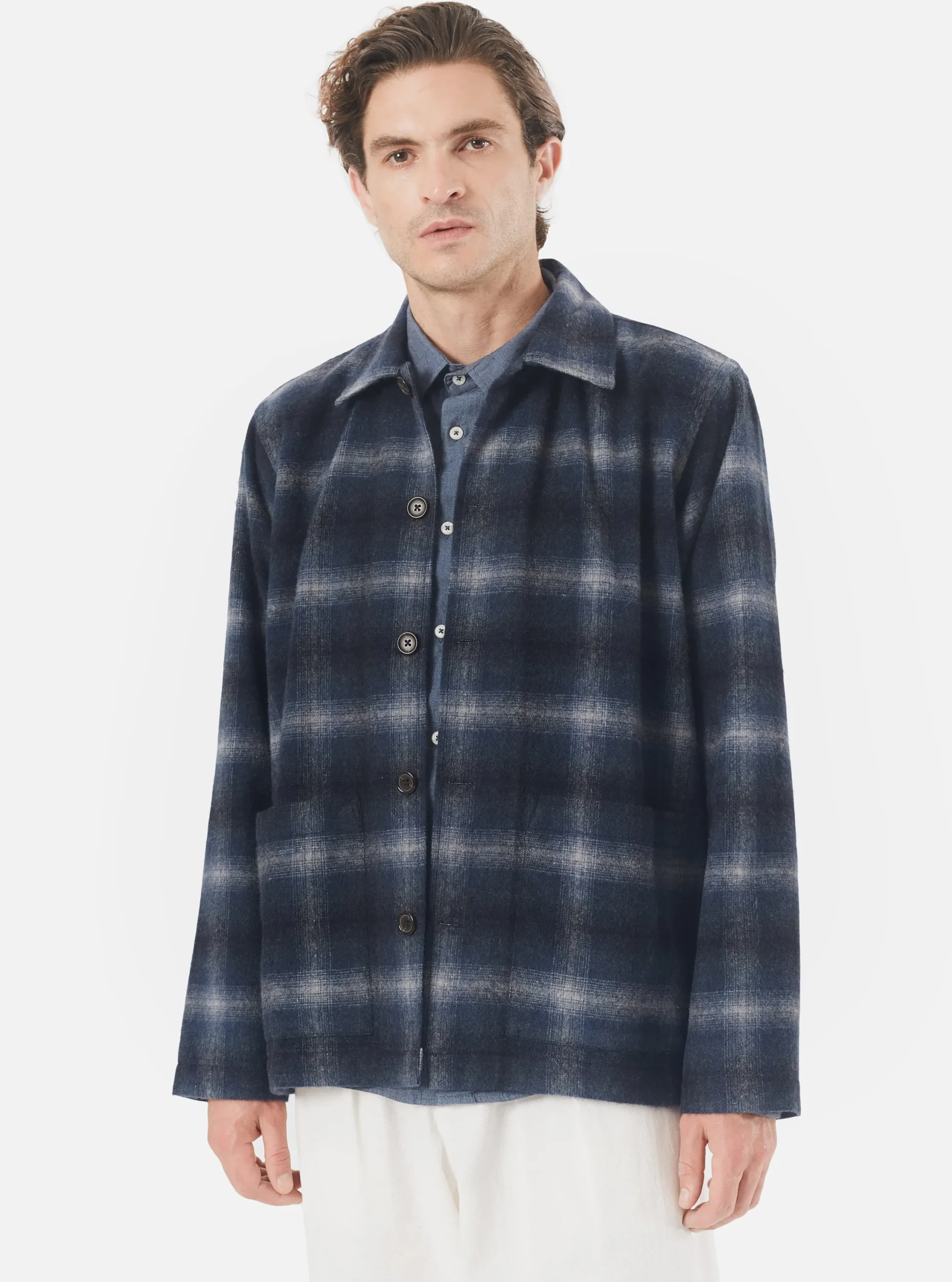 Fashion Easy Overshirt In Navy Check Recycled Wool Mix Flannel Men Overshirts.