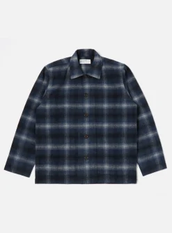 Fashion Easy Overshirt In Navy Check Recycled Wool Mix Flannel Men Overshirts.