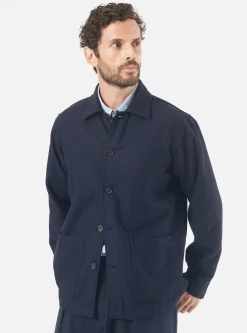 New Easy Overshirt In Navy Herringbone Recycled Wool Men Overshirts.