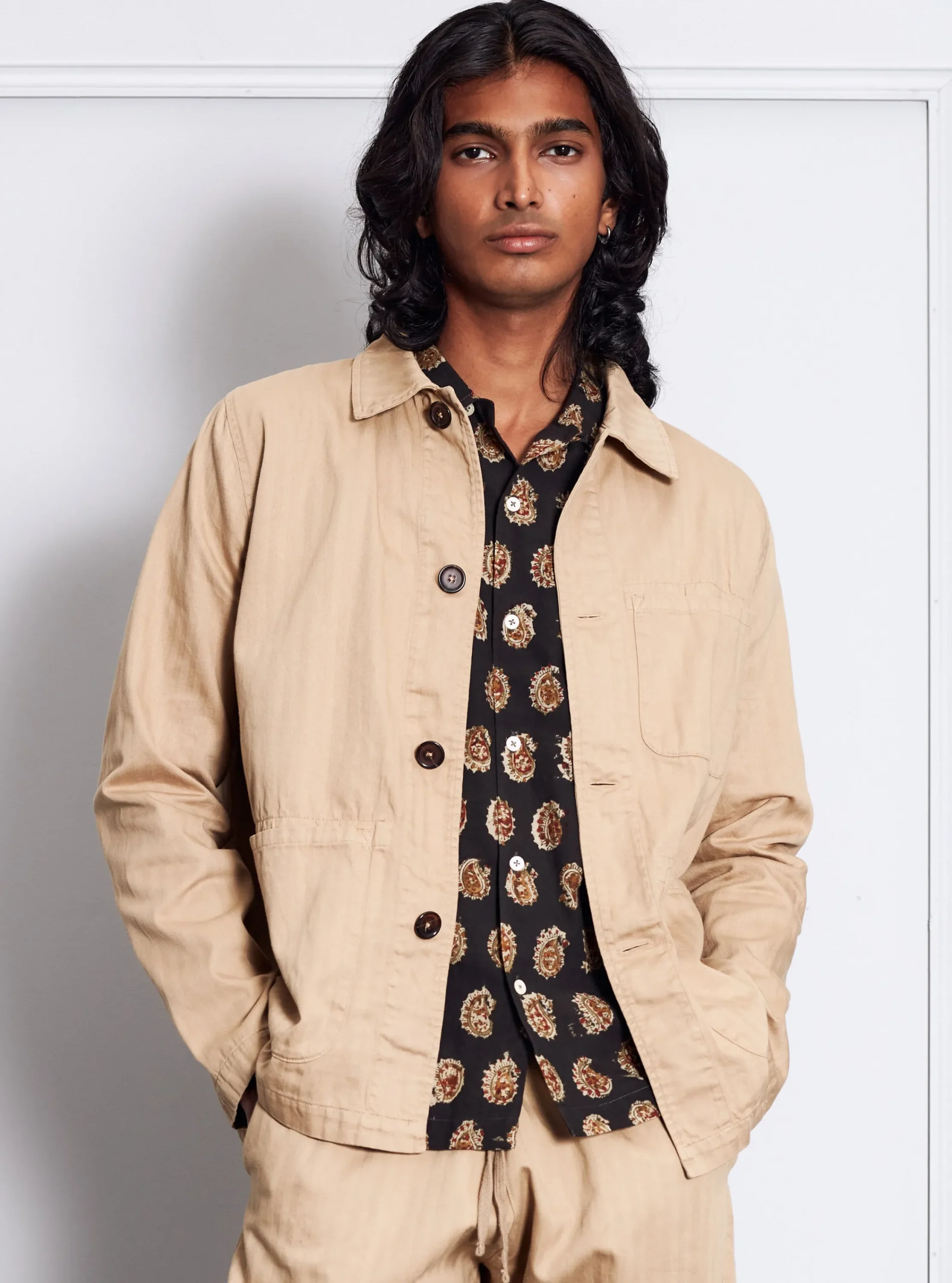 Outlet Field Jacket In Sand Italian Herringbone Cotton Men Jackets.