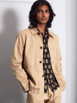 Outlet Field Jacket In Sand Italian Herringbone Cotton Men Jackets.