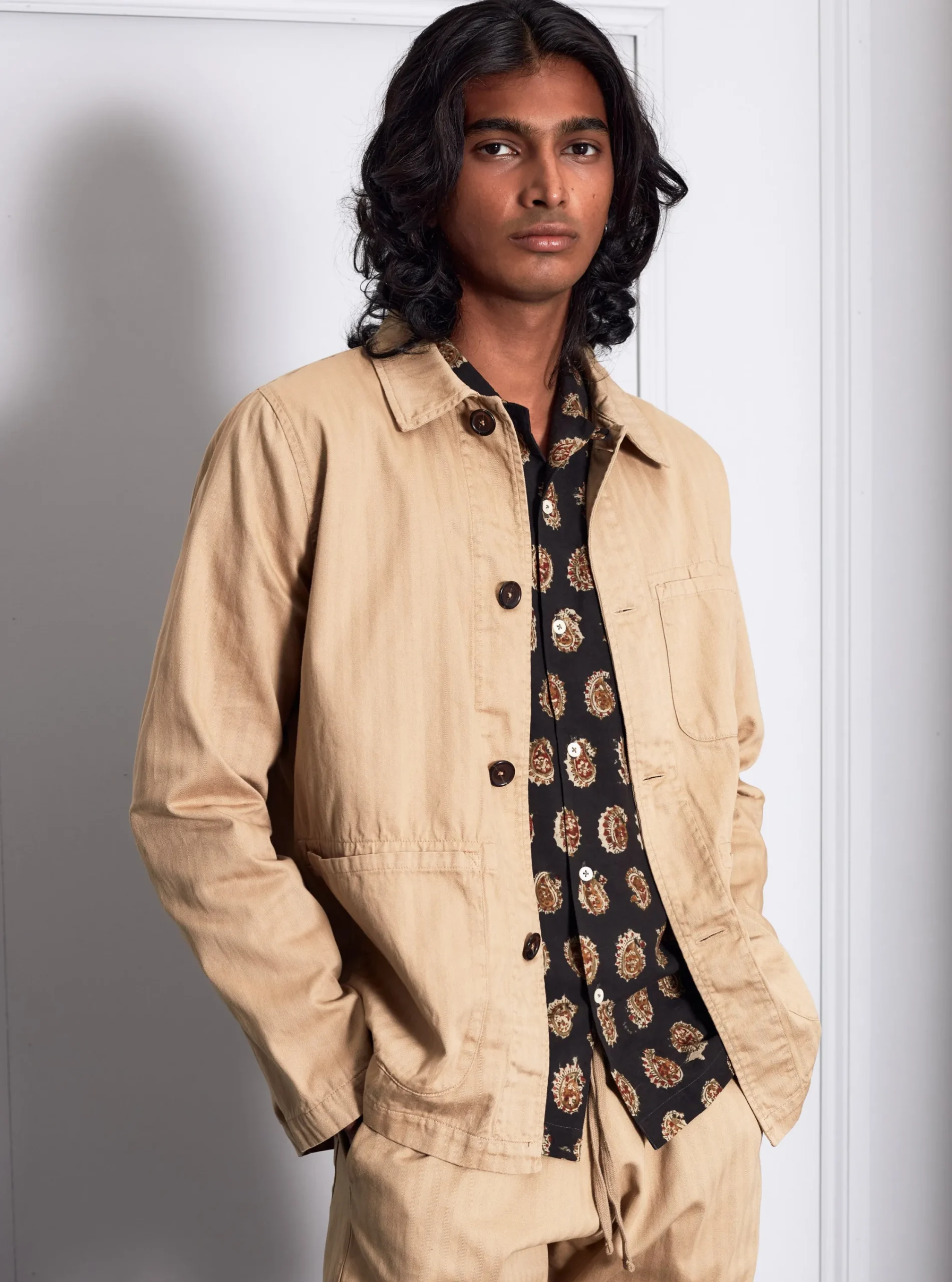 Outlet Field Jacket In Sand Italian Herringbone Cotton Men Jackets.