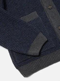 Clearance Jacquard Cardigan In Navy/Grey Italian Wool Men Knitwear.