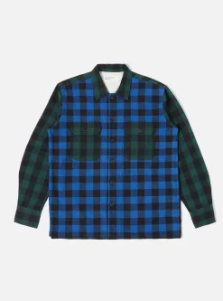 New L/S Utility Shirt In Blue/Green Brushed Gingham Men Overshirts.