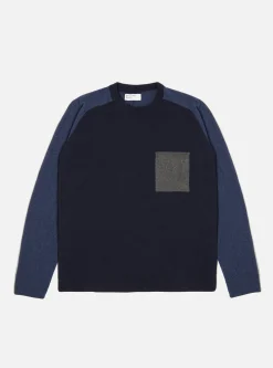 Flash Sale Mixed Saddle Sleeve Crew In Navy/Indigo Cashmere Wool Mix Men Knitwear.