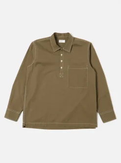 Flash Sale Pullover L/S Shirt In Olive Scuba Cotton Men Overshirts.