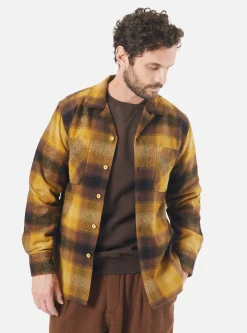 Fashion Work Shirt In Mustard Check Recycled Wool Mix Flannel Men Overshirts.