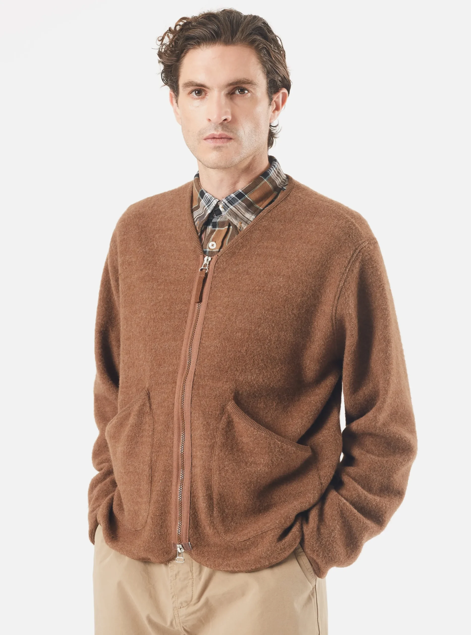 Online Zip Liner Jacket In Brown Soft Wool Cotton Knit Men Fleece.